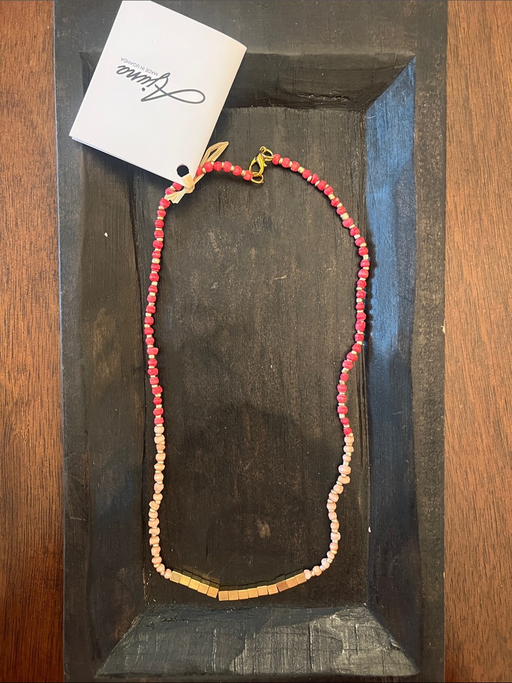 Ajuna Pink Ombre paper Beaded Necklace with Gold Cube Accents